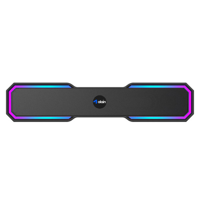 Black wireless Bluetooth speaker with LED RGB lights and central logo on white background