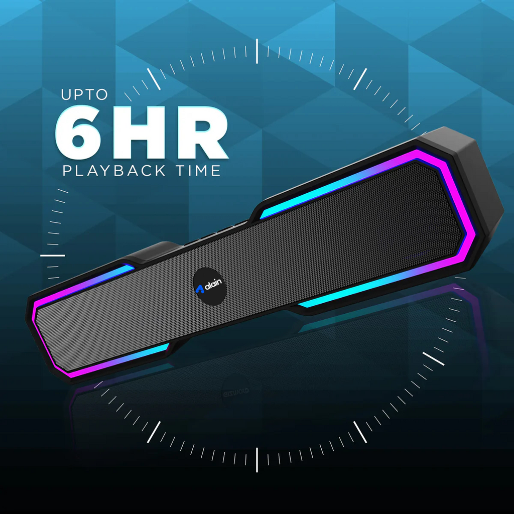 Wireless portable speaker with RGB lights, up to 6 hours playback time, black background