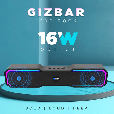 Black wireless speaker with LED lights, 16W output, modern blue background, bold design