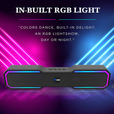 Bluetooth speaker with in-built RGB lights, colorful LED background, and control buttons.