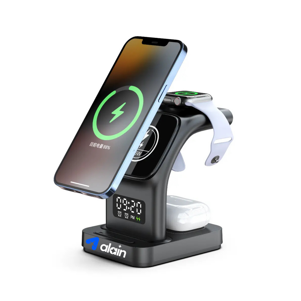 3-in-1 wireless charging station with smartphone, smartwatch, and earbuds docked